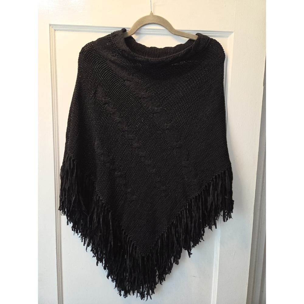Women's August Silk Knits Fringed Black Poncho Sweater-One Size - Picture 1 of 5